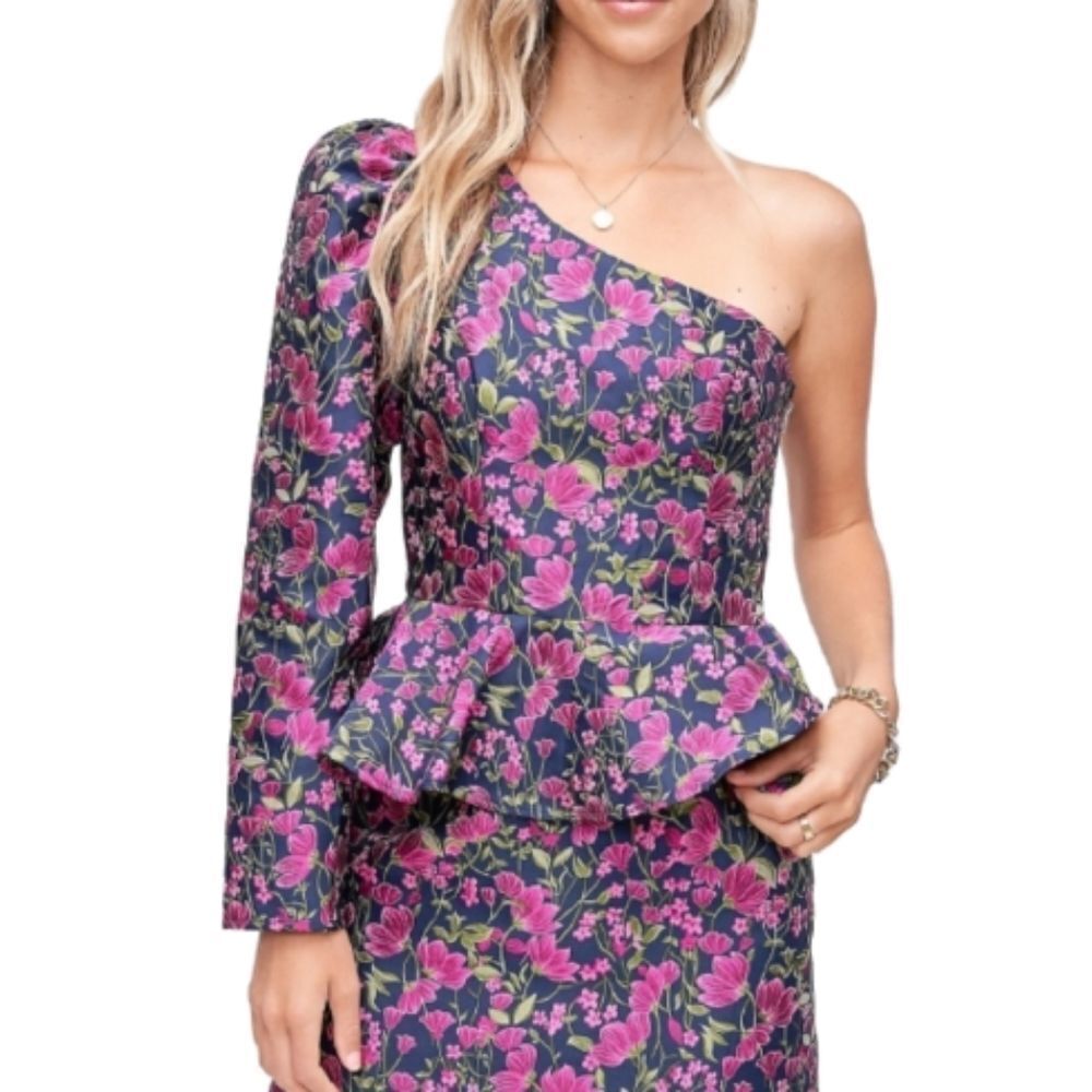 EN SAISON Floral Print Jacquard Puff-Sleeve Peplum Top Women's Size M